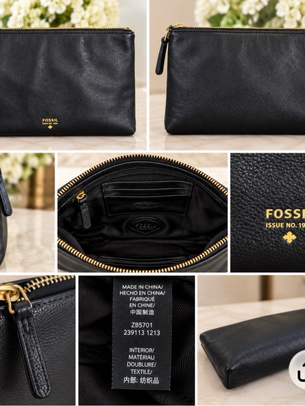 Fossil Black Pebble Leather Zip Clutch with Gold Hardware